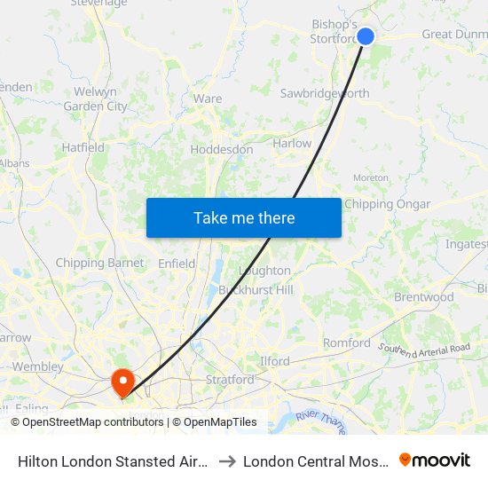 Hilton London Stansted Airport to London Central Mosque map