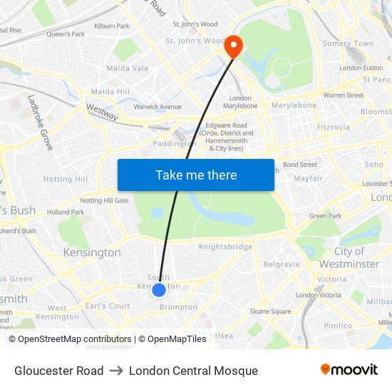Gloucester Road to London Central Mosque map