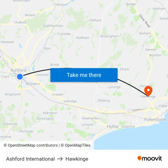 Ashford International to Hawkinge map