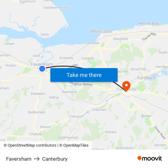 Faversham to Canterbury map