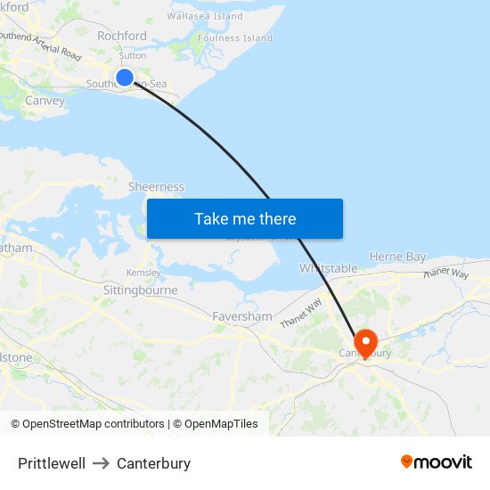 Prittlewell to Canterbury map