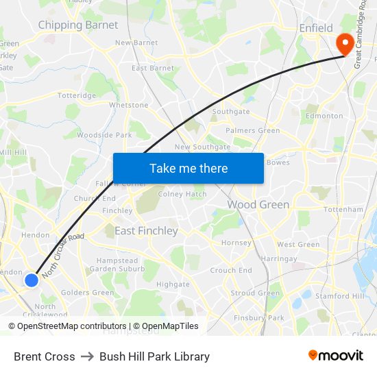 Brent Cross to Bush Hill Park Library map