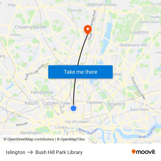 Islington to Bush Hill Park Library map
