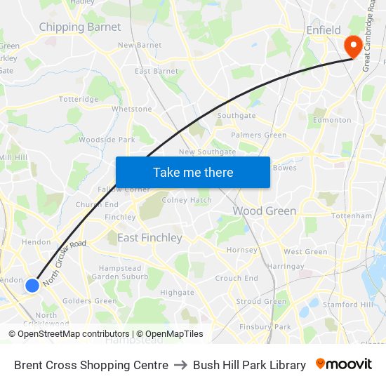 Brent Cross Shopping Centre to Bush Hill Park Library map