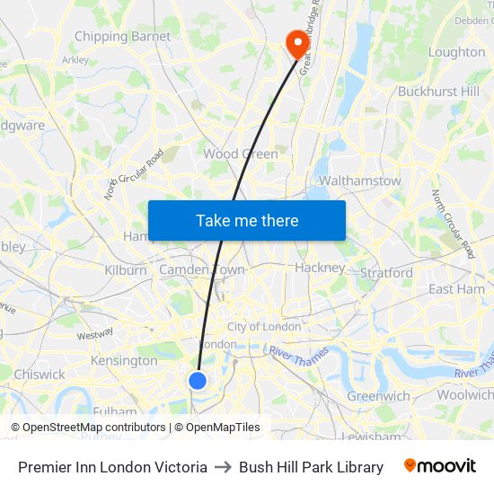 Premier Inn London Victoria to Bush Hill Park Library map