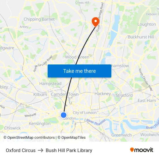 Oxford Circus to Bush Hill Park Library map