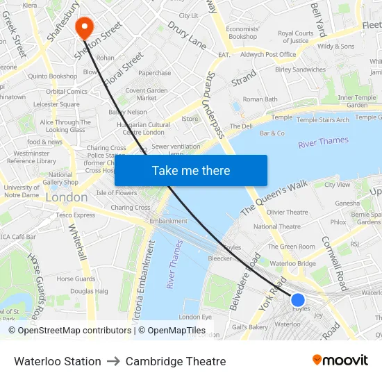 Waterloo Station to Cambridge Theatre map