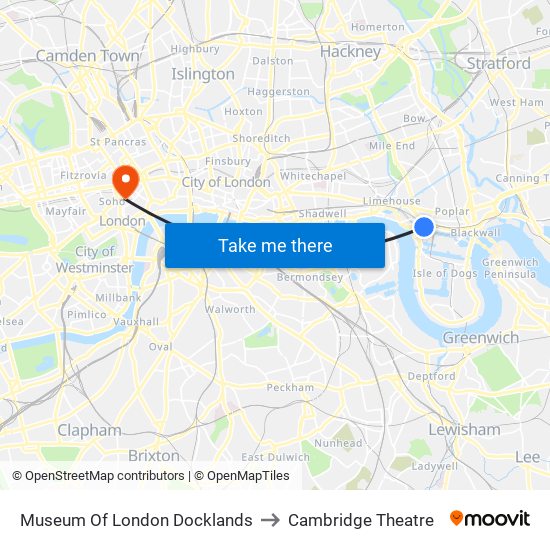 Museum Of London Docklands to Cambridge Theatre map