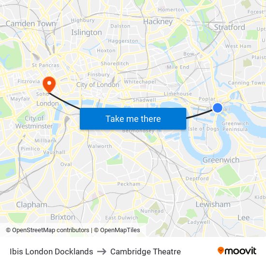 Ibis London Docklands to Cambridge Theatre map