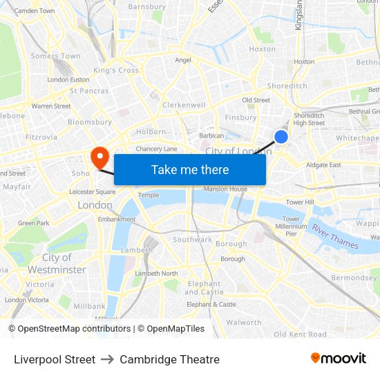Liverpool Street to Cambridge Theatre map