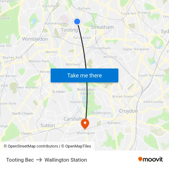 Tooting Bec to Wallington Station map