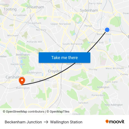 Beckenham Junction to Wallington Station map