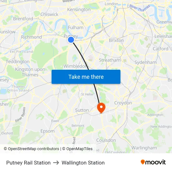 Putney Rail Station to Wallington Station map