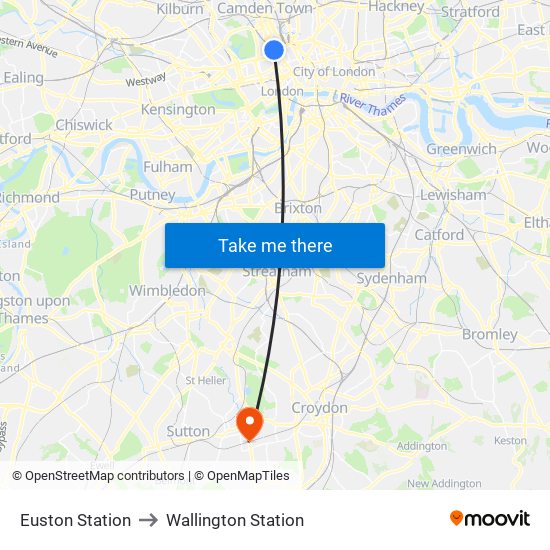 Euston Station to Wallington Station map