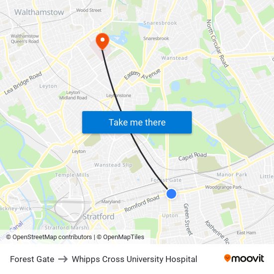 Forest Gate to Whipps Cross University Hospital map