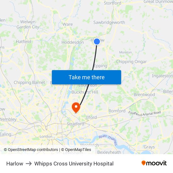 Harlow to Whipps Cross University Hospital map