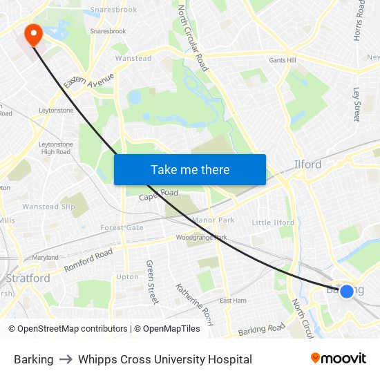 Barking to Whipps Cross University Hospital map