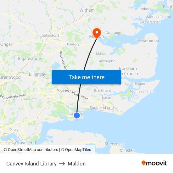 Canvey Island Library to Maldon map