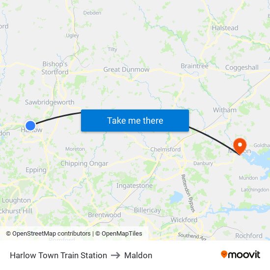 Harlow Town Train Station to Maldon map