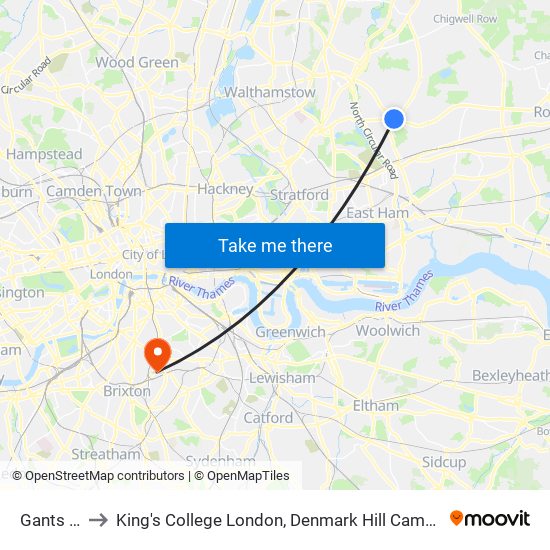 Gants Hill to King's College London, Denmark Hill Campus (West) map