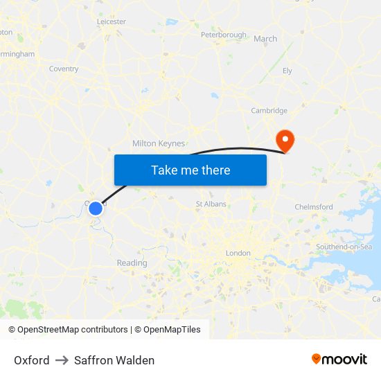 Oxford to Saffron Walden map