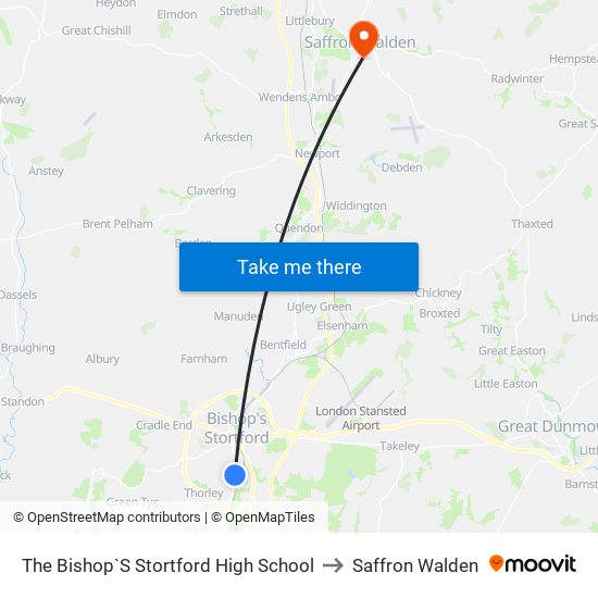 The Bishop`S Stortford High School to Saffron Walden map