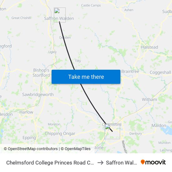 Chelmsford College Princes Road Campus to Saffron Walden map