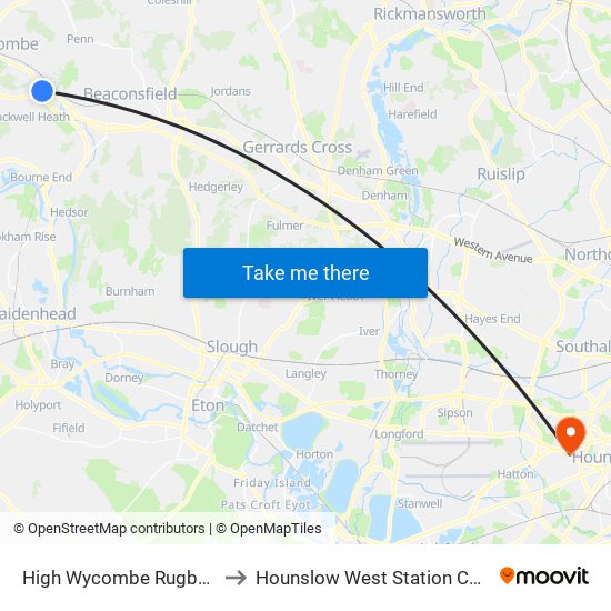 High Wycombe Rugby Club to Hounslow West Station Car Park map