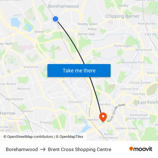 Borehamwood to Brent Cross Shopping Centre map