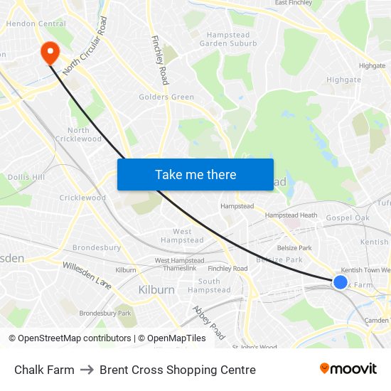 Chalk Farm to Brent Cross Shopping Centre map