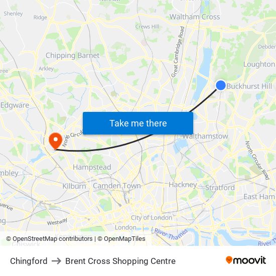 Chingford to Brent Cross Shopping Centre map