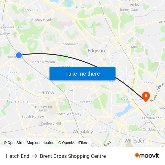 Hatch End to Brent Cross Shopping Centre map