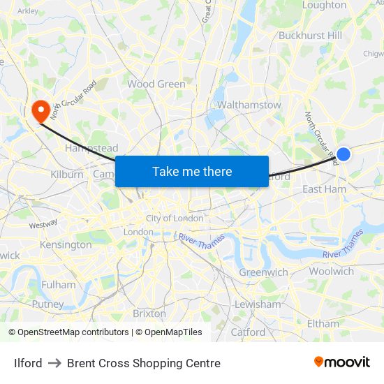 Ilford to Brent Cross Shopping Centre map