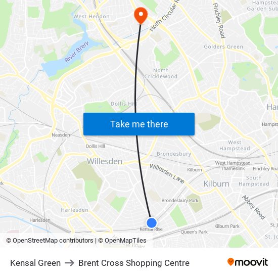 Kensal Green to Brent Cross Shopping Centre map