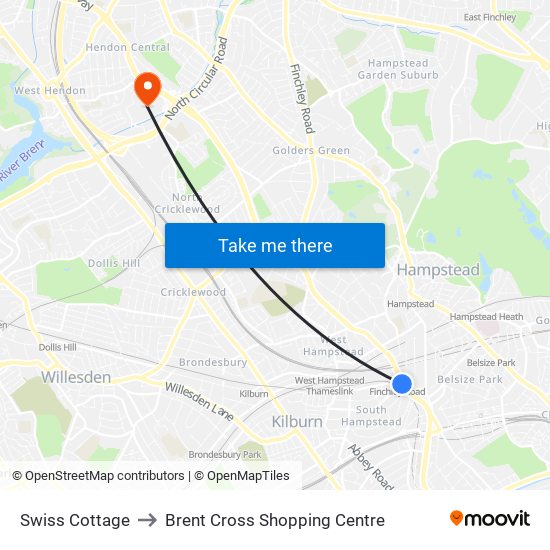 Swiss Cottage to Brent Cross Shopping Centre map