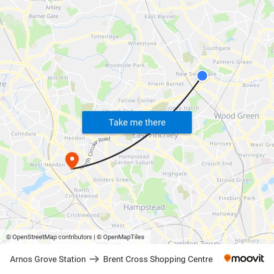Arnos Grove Station to Brent Cross Shopping Centre map