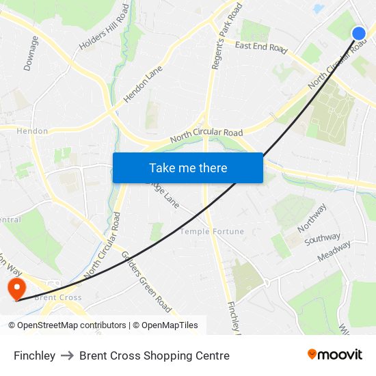 Finchley to Brent Cross Shopping Centre map