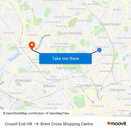Crouch End Hill to Brent Cross Shopping Centre map