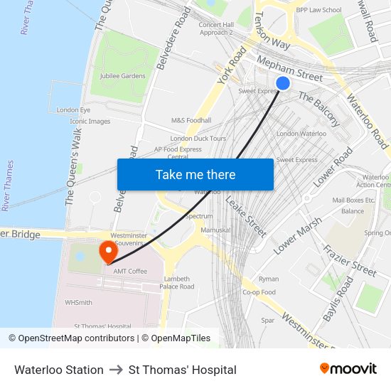 Waterloo Station to St Thomas' Hospital map