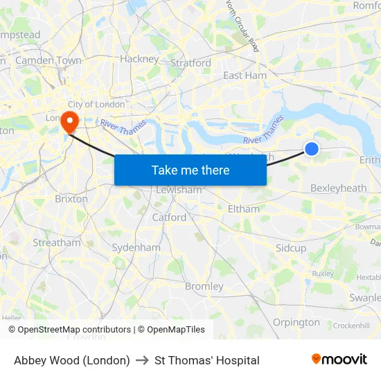 Abbey Wood (London) to St Thomas' Hospital map