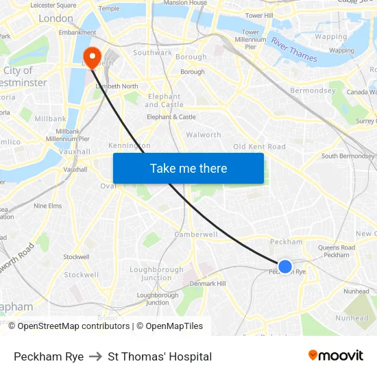Peckham Rye to St Thomas' Hospital map