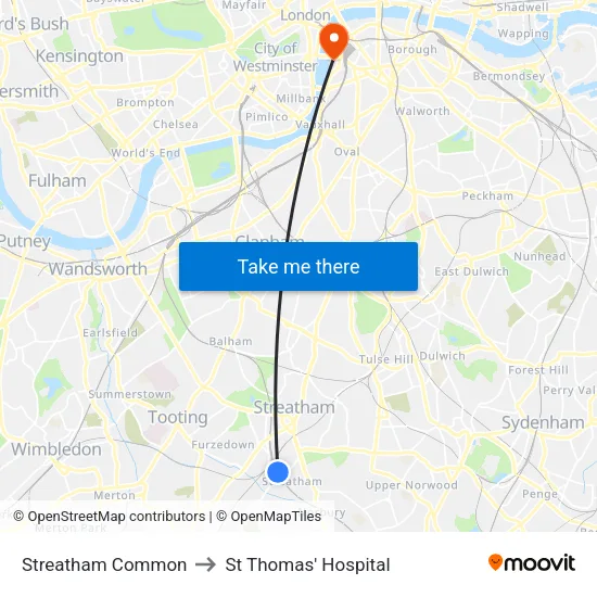Streatham Common to St Thomas' Hospital map