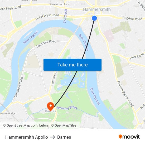 Hammersmith Apollo to Barnes map