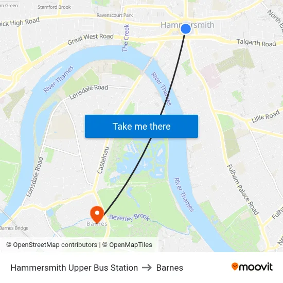 Hammersmith Upper Bus Station to Barnes map