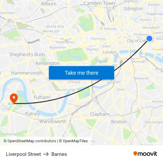 Liverpool Street to Barnes map