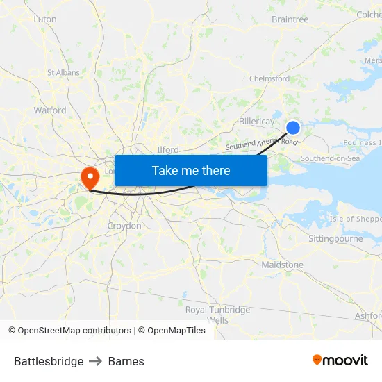 Battlesbridge to Barnes map