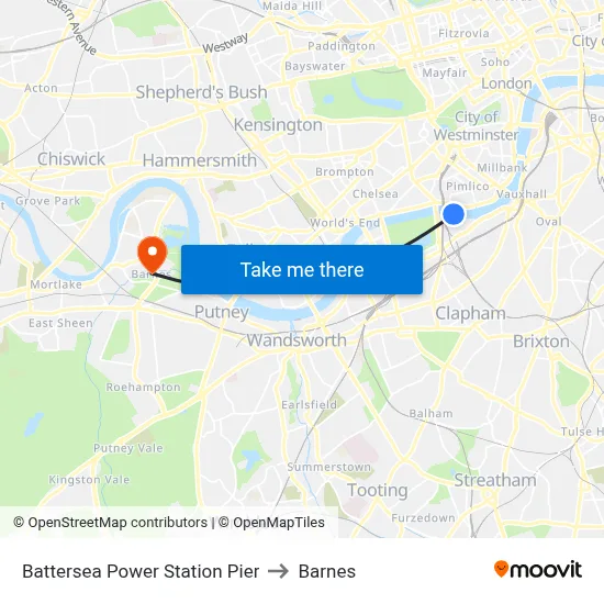 Battersea Power Station Pier to Barnes map