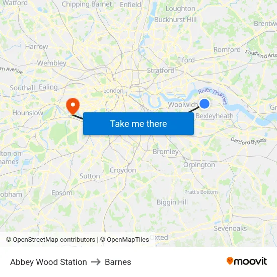 Abbey Wood Station to Barnes map