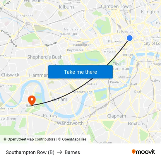 Southampton Row (B) to Barnes map