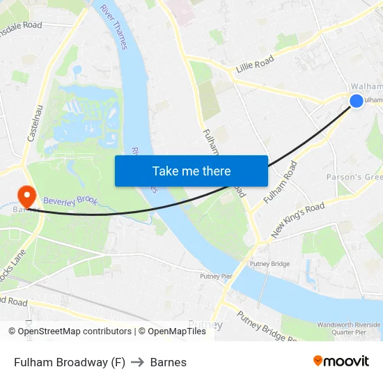Fulham Broadway (F) to Barnes map